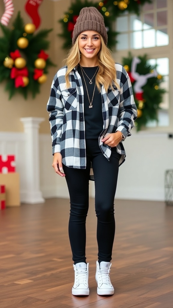 Tomboy Christmas outfit with plaid shirt, skinny jeans, and sneakers in a festive setting.